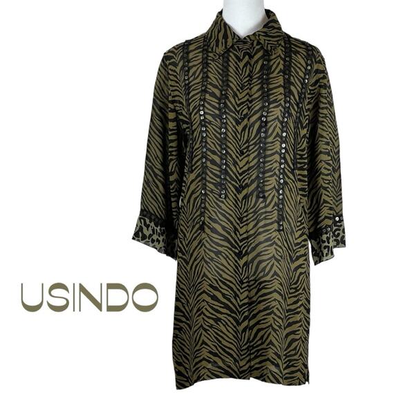 Usindo Sheer Sequined Animal Print Boho Artist Shirt Dress Vintage Size S - Picture 2 of 13